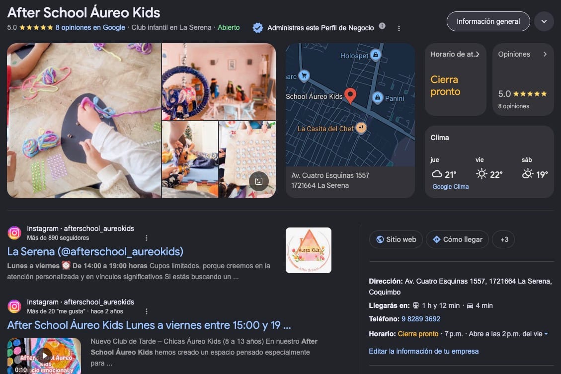 Ejemplo de un perfil de Google Business bien configurado, con calificación 5.0, reseñas, fotos, horario de atención y ubicación en el mapa