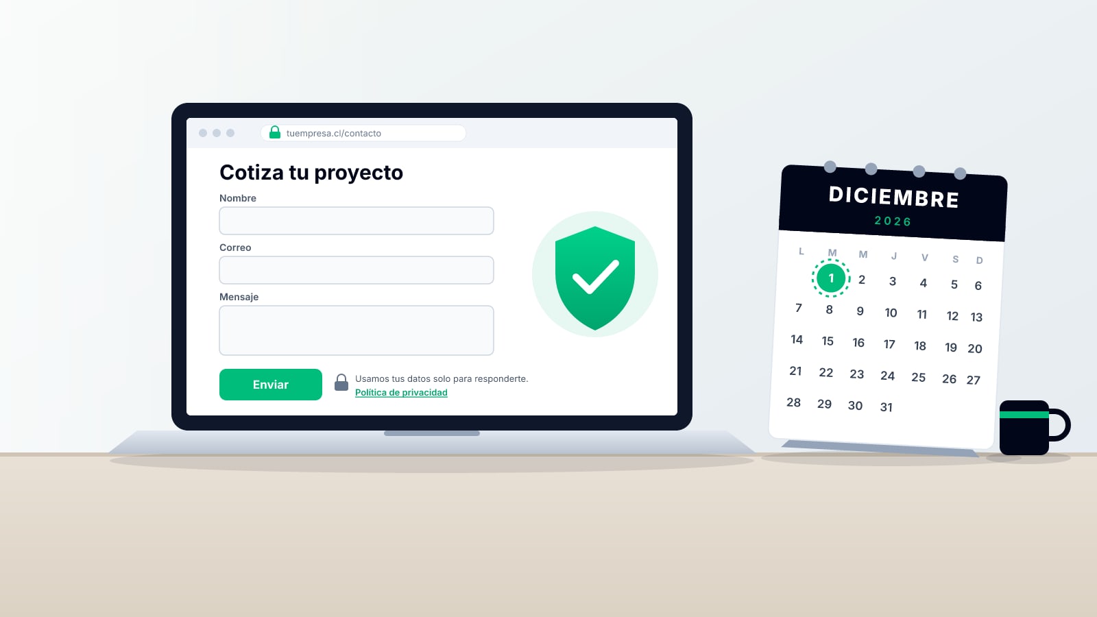 Formulario de contacto de una página web con aviso de privacidad y calendario marcando el 1 de diciembre