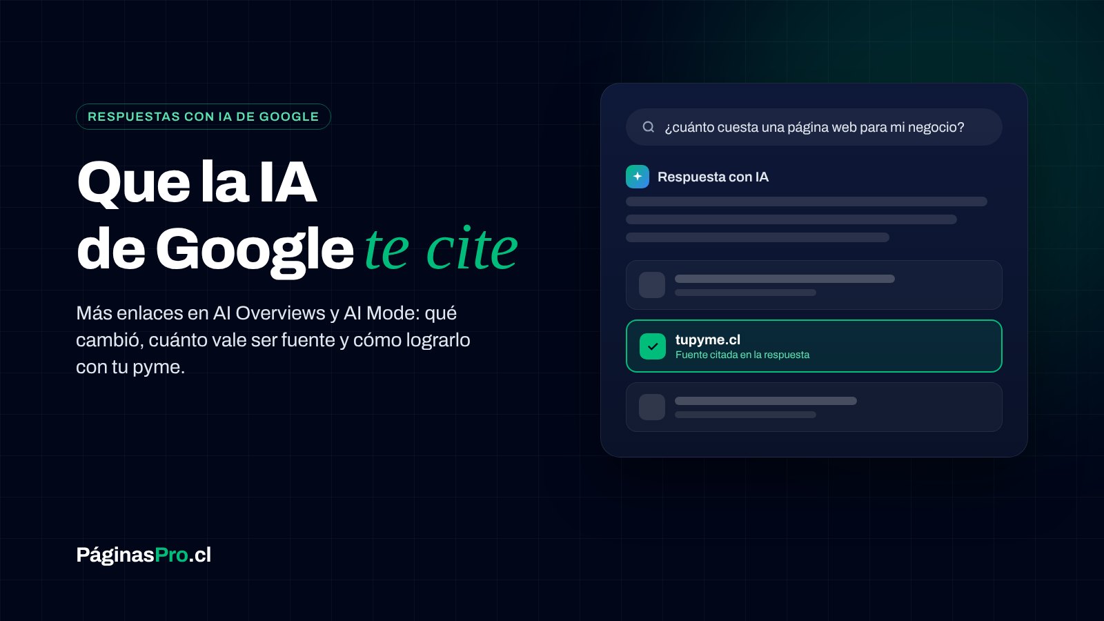 Respuesta con IA de un buscador con tres enlaces de fuentes; uno de ellos, destacado en verde, corresponde al sitio de una pyme